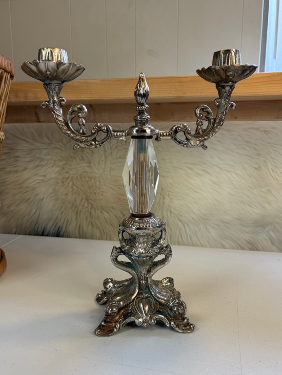 Vintage Other - Vintage Silver Tone Crystal Double Arm Candelabra Candle Holder Baroque Decor